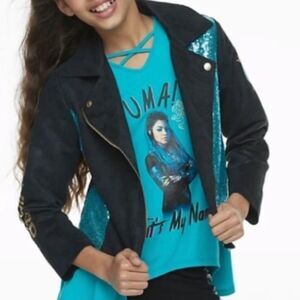D-Signed Disney Descendants Kids Blue Sequin Moto Girl Jacket Size M